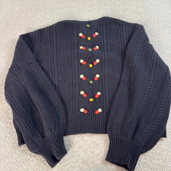 The GREAT The Frond Pom Pom Embellished Knit Cardigan Sweater Midnight Blue 2/M - Picture 6 of 12